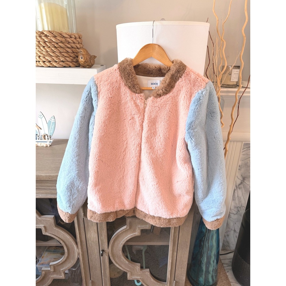 KOCH Faux Fur Colorblock Bomber Jacket Womens Pink Blue Brown Size S